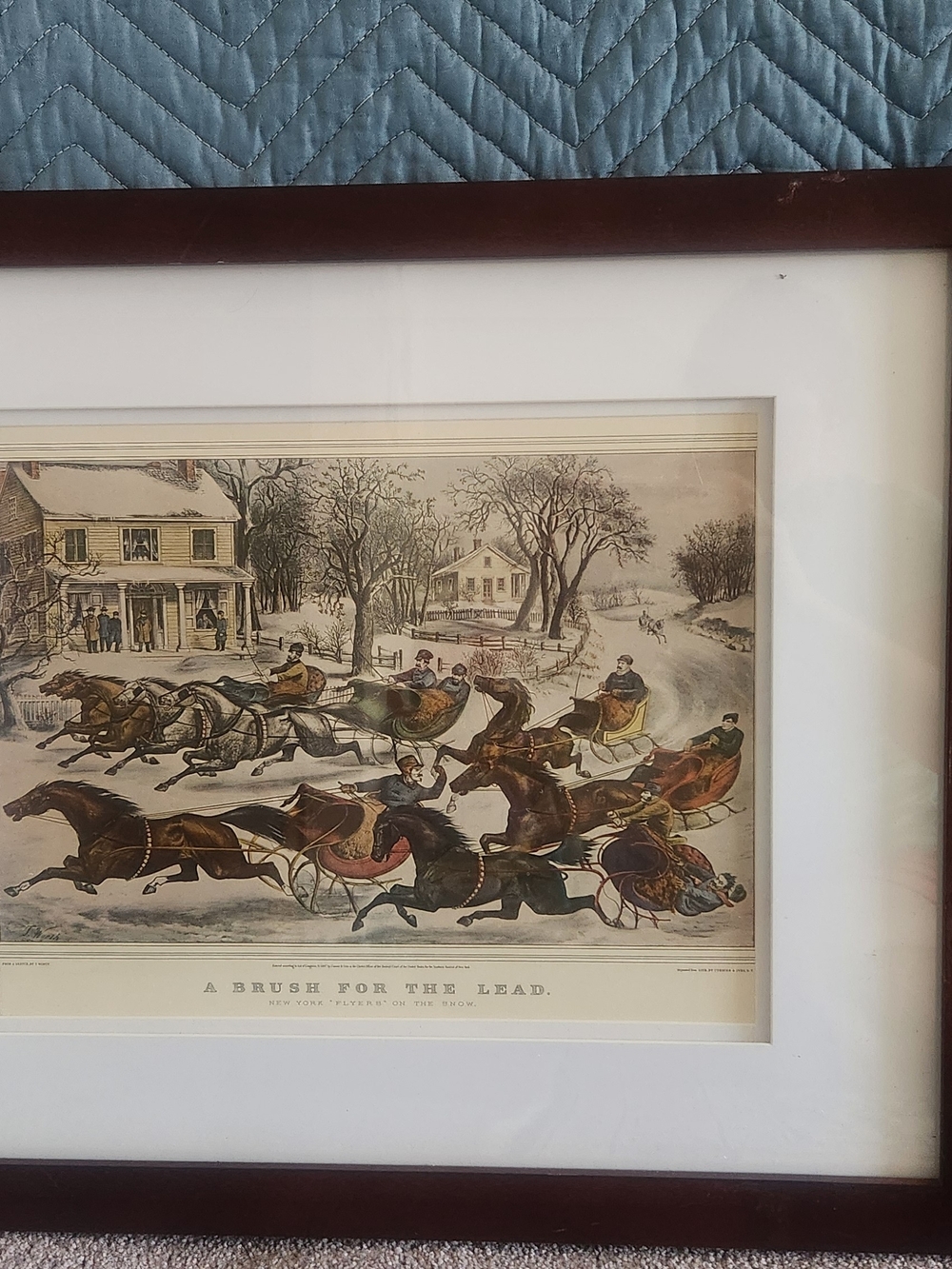 Framed Currier & Ives Lith Print. A Brush for the Lead  Winter Sleigh